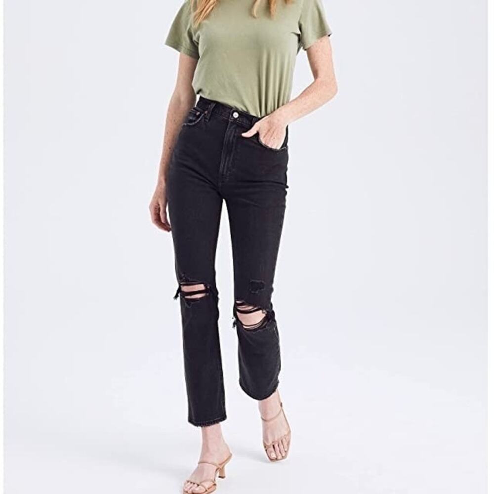 ABERCROMBIE The Ankle Straight Ultra High Rise Distressed Jeans Black 27